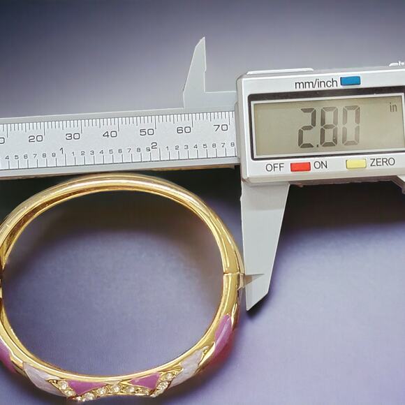 Vintage Bracelet 1980s Gold Tone Hinge with Rhinestones and Purple Enamel - Picture 6 of 10